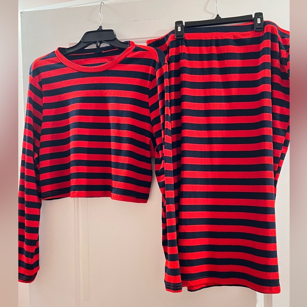 Red and Black Striped Long Sleeve Top and Skirt Set